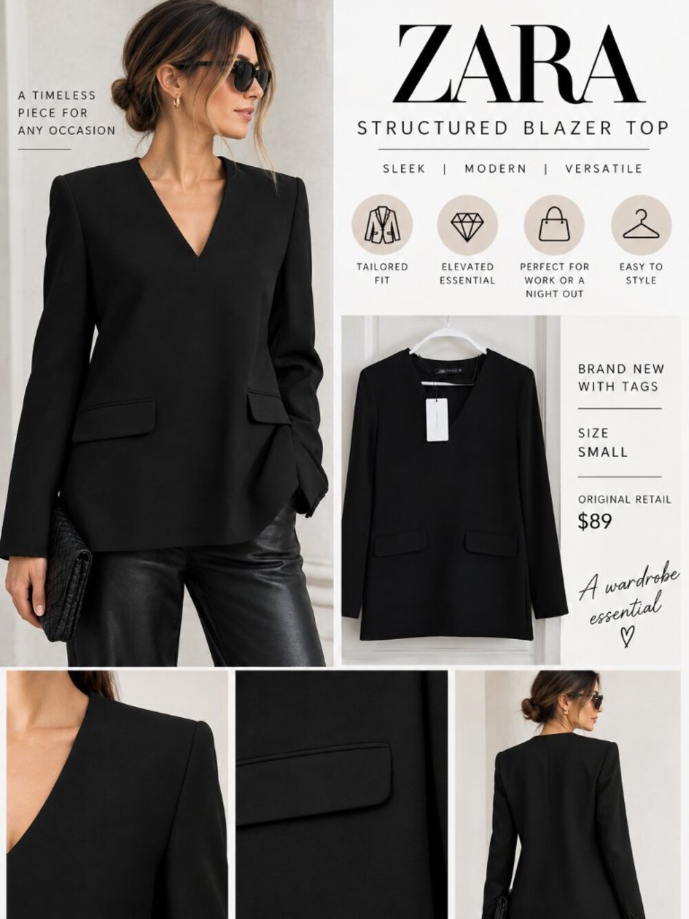 ZARA Black Structured Blazer Top NWT Size Small Tailored Statement Top